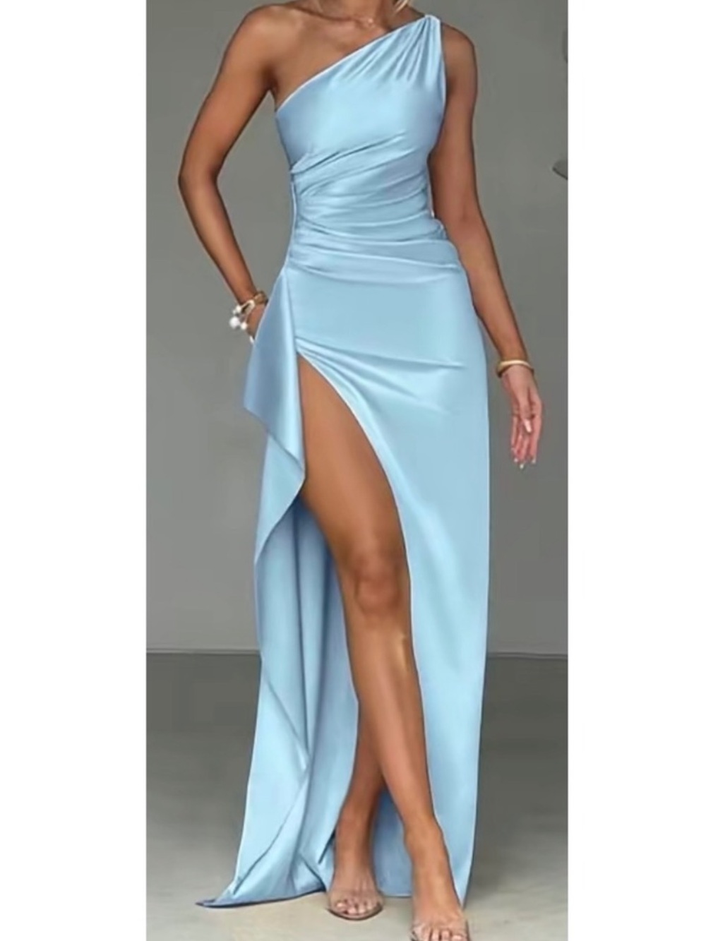 OYS Formal Gown Sexy One Shoulder High Slit Satin Sky Blue S